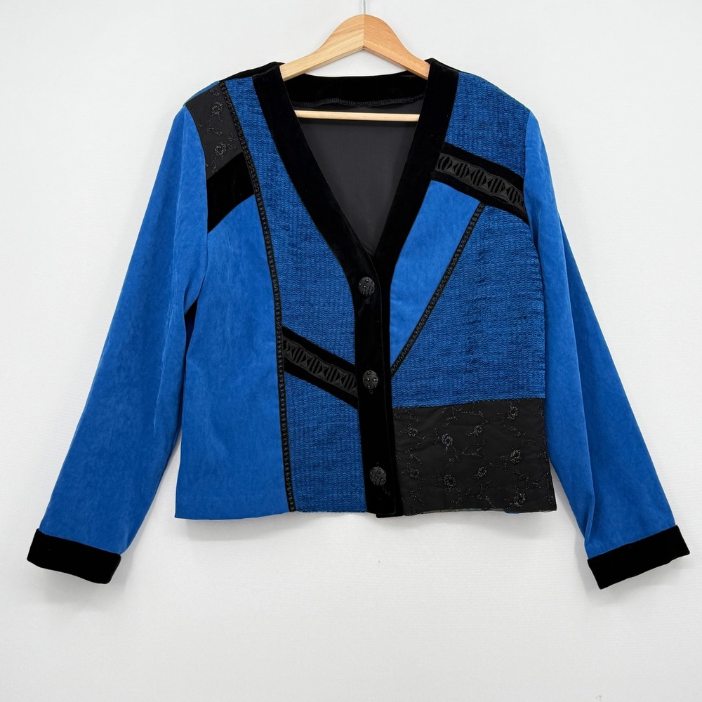 Nancy Bolen City Girl Cardigan Jacket Womens Large Blue Black Patchwork Velvet